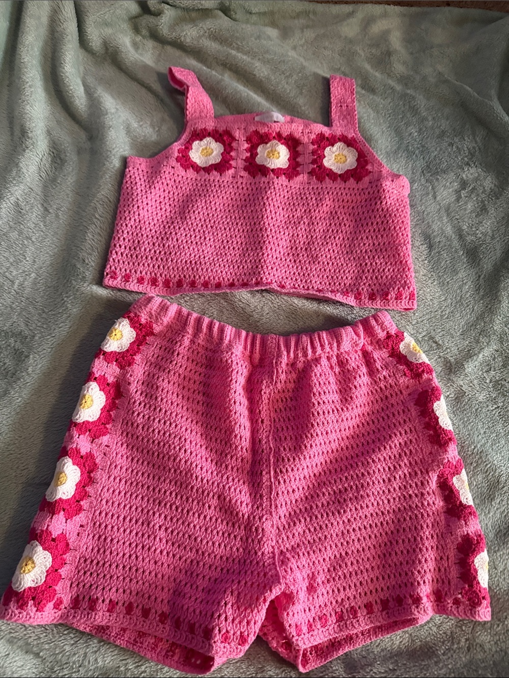 Handmade Pink Crochet Floral Tank & Shorts Set for Kids